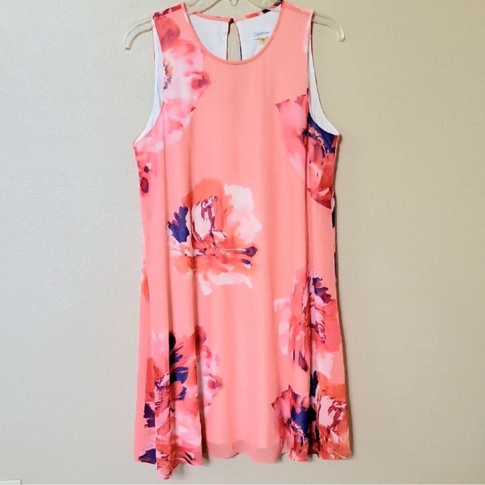 Calvin Klein Pink Floral Sleeveless Chiffon Shift Dress - Size 12